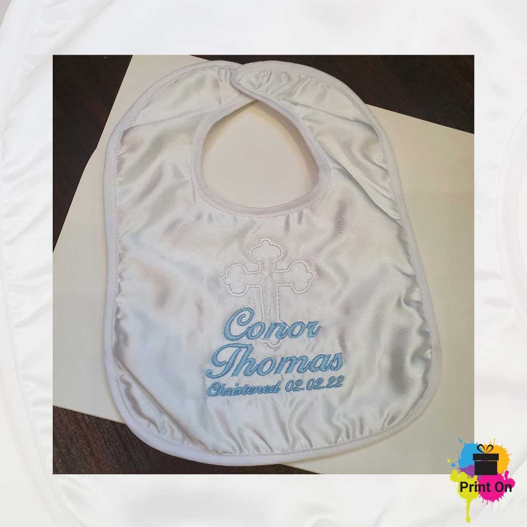 Satin Christening Bib - White Cross