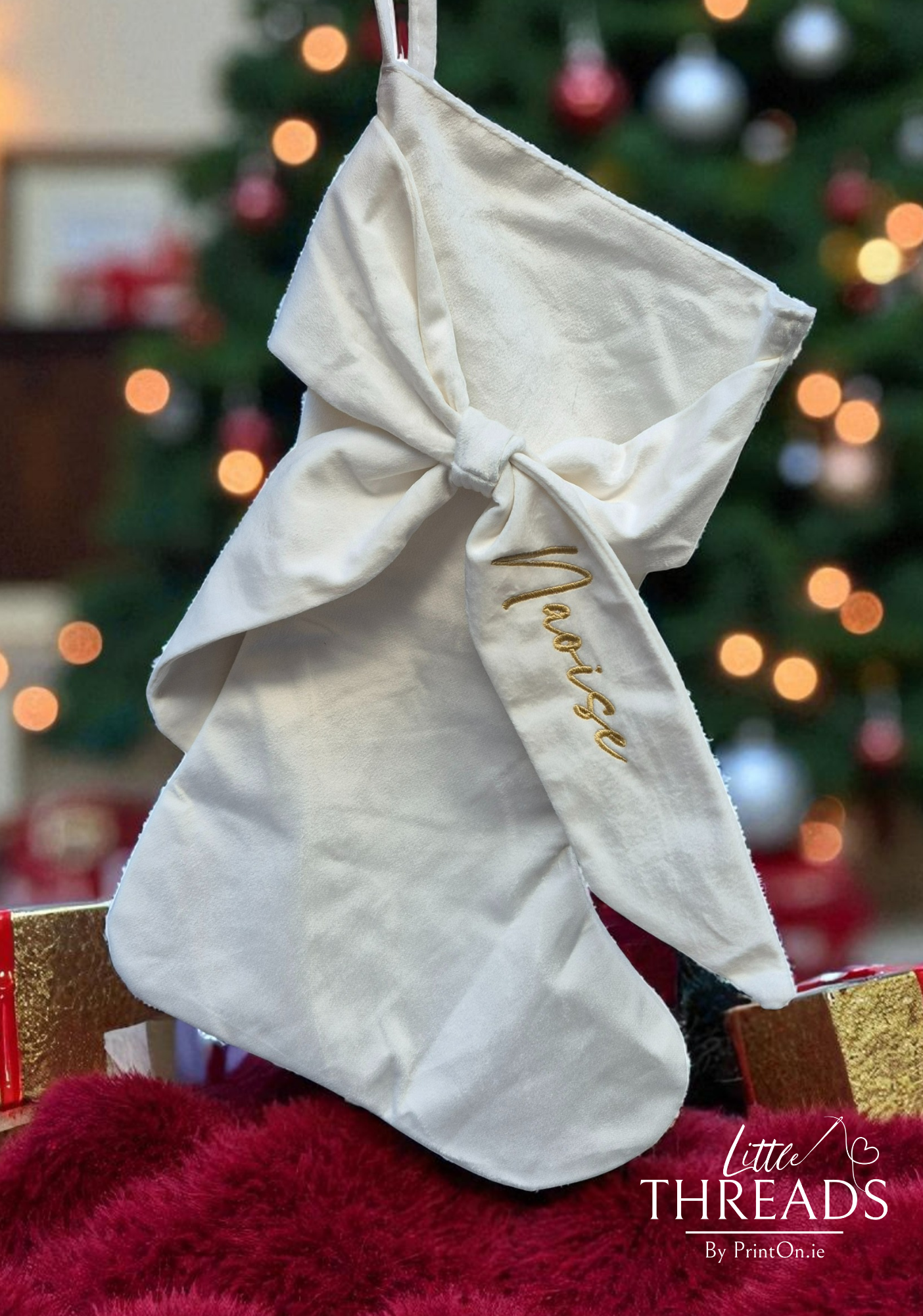 Velvet Bow Stocking - Snowy White