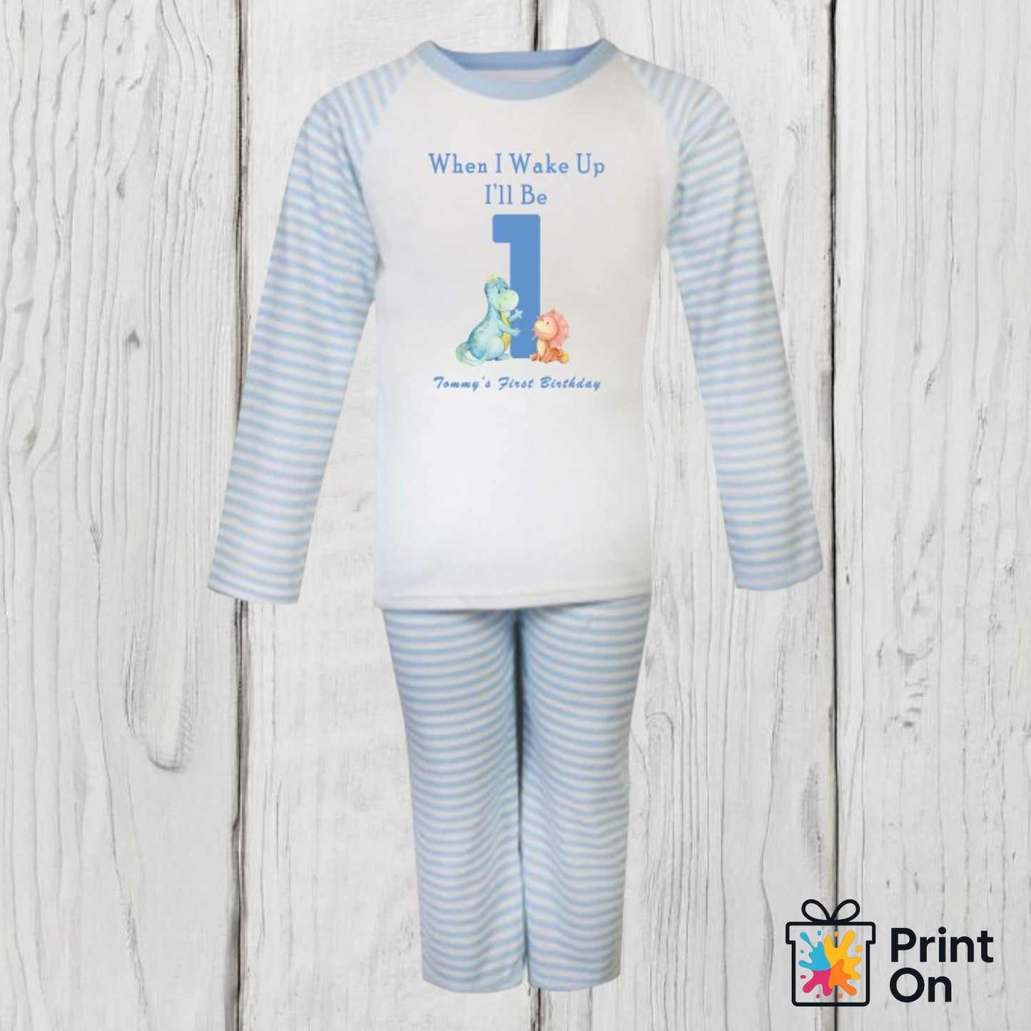 When I Wake Up PJs - Blue Stripe - Dinos