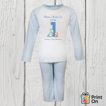 When I Wake Up PJs - Blue Stripe - Dinos