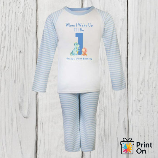 When I Wake Up PJs - Blue Stripe - Dinos