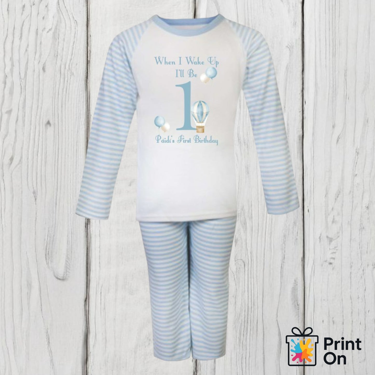 When I Wake Up PJs - Blue Stripe - Balloons