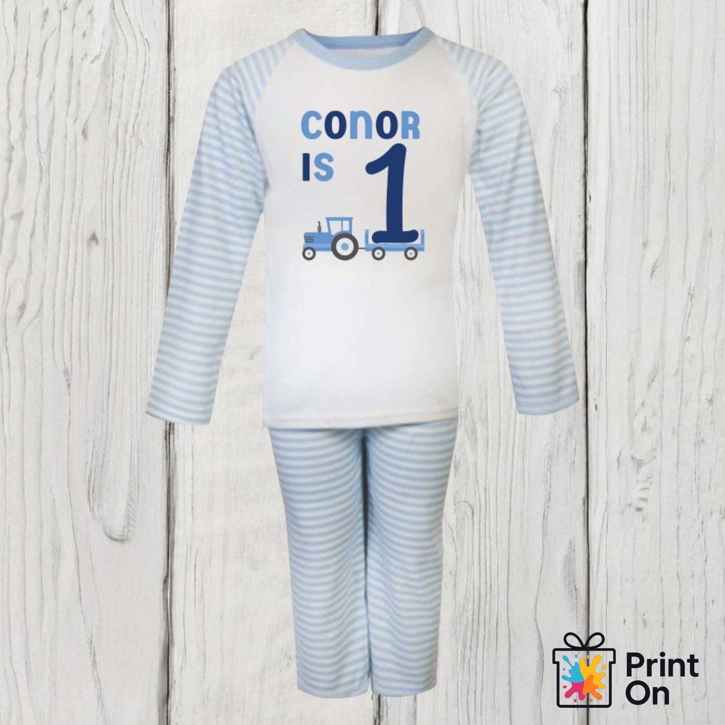 When I Wake Up PJs - Blue Stripe - Tractor