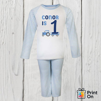 When I Wake Up PJs - Blue Stripe - Tractor