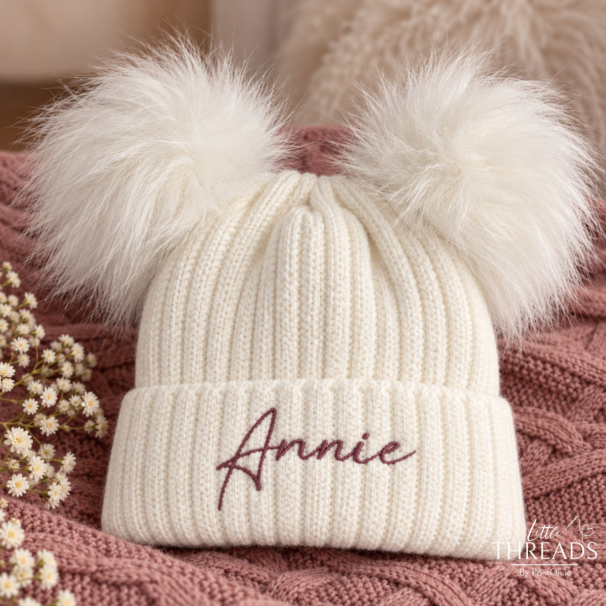 Fluffy Double Pom Hat - WHITE