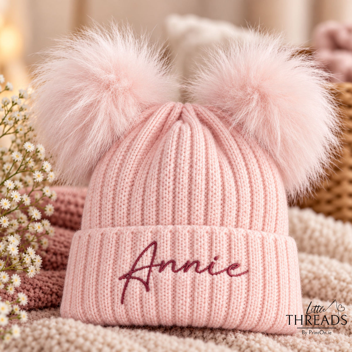 Fluffy Double Pom Hat - BABY PINK