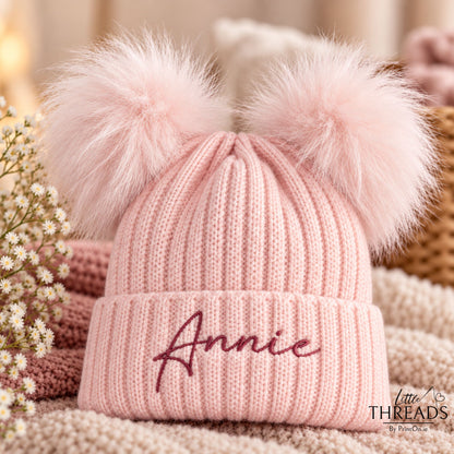 Fluffy Double Pom Hat - BABY PINK