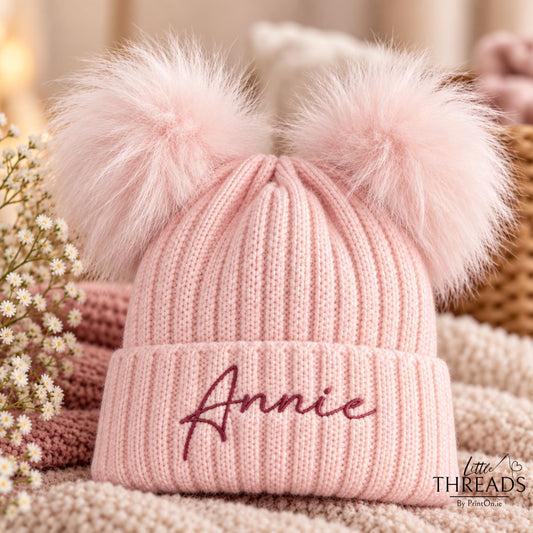 Fluffy Double Pom Hat - BABY PINK