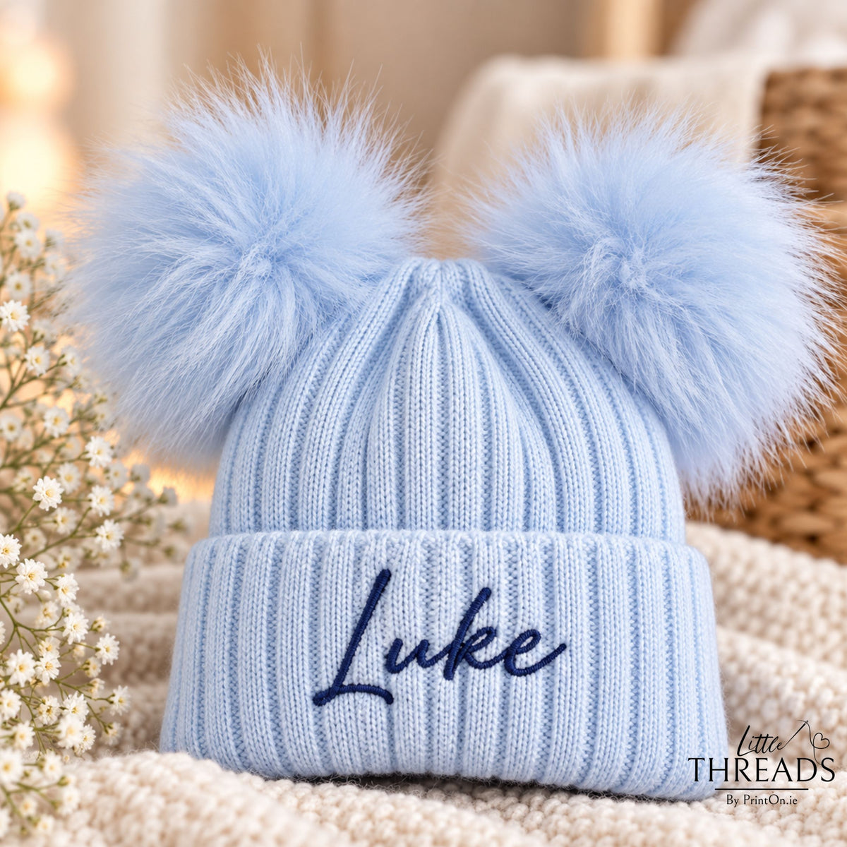 Fluffy Double Pom Hat - BABY BLUE