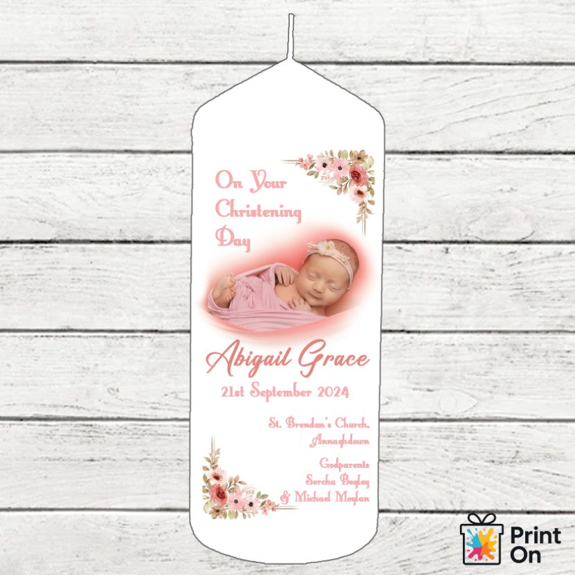 Christening Candle - Pink floral corners