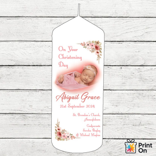 Christening Candle - Pink floral corners