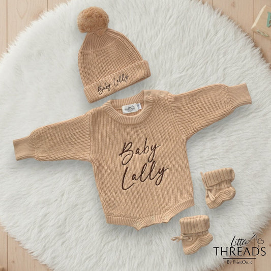 Buttons, Booties & Beanie Set - Biscuit