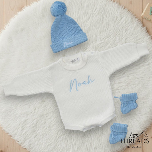Buttons, Booties & Beanie Set - White & Baby Blue