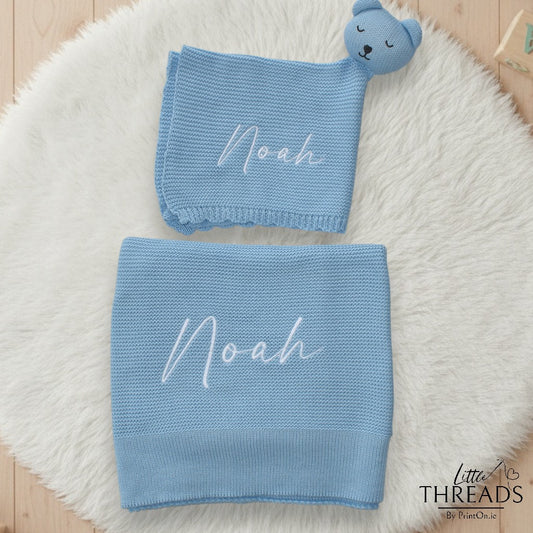Knitted Blankie & Lovey Set - Baby Blue