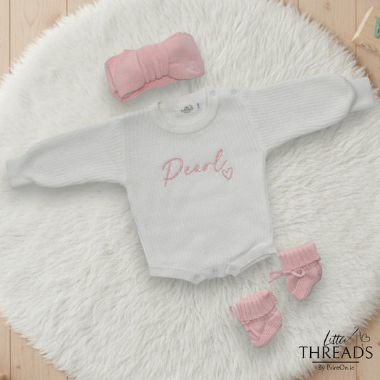 Buttons, Booties & Bow Set - White & Pretty Pink