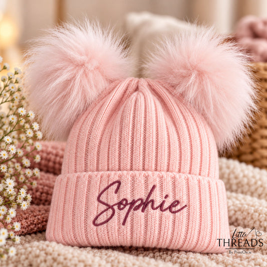 Fluffy Double Pom Hat - BABY PINK